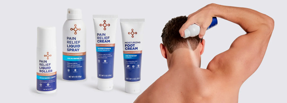 A selection of Tommie Copper® products using menthol for pain relief, and a man applying one.